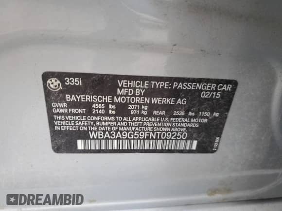 2015 BMW 3 Series 335i z VIN WBA3A9G59FNT09250, wystawiony jako Copart lot #87480605 z przebiegiem Nie podano mil oraz Czysty tytuł • Clean title. Historia ofert i sprzedaży dostępna na DreamBid. Obrazek 12.