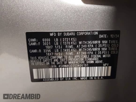 2025 Subaru Ascent Premium with VIN 4S4WMADD3S3406191, listed as a IAAI auction lot 41751465 with 1,146 mi miles and . Bid and sale history available at DreamBid. Image 9.