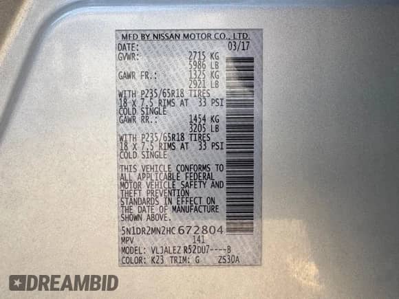 2017 Nissan Pathfinder SV z VIN 5N1DR2MN2HC672804, wystawiony jako Copart lot #69155945 z przebiegiem Nie podano mil oraz Czysty tytuł • Clean title. Historia ofert i sprzedaży dostępna na DreamBid. Obrazek 15.