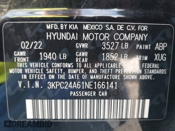2022 Hyundai Accent SE with VIN 3KPC24A61NE166141, listed as a IAAI auction lot 43092511 with 35,798 mi miles and . Bid and sale history available at DreamBid. Image 9.