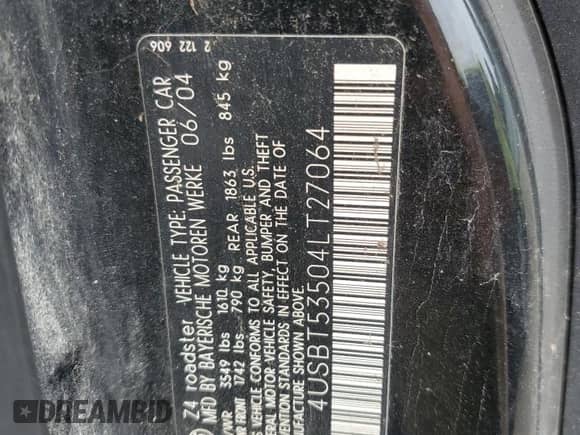 2004 BMW Z4 3.0i с VIN 4USBT53504LT27064, выставлен на аукционе Copart как лот 65027645 с пробегом 107 267 миль миль и Списание • Salvage title. История ставок и продаж доступна на DreamBid. Изображение 12.