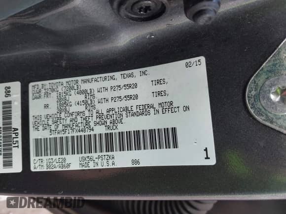 2015 Toyota Tundra Platinum with VIN 5TFAY5F17FX448794, listed as a IAAI auction lot 43456513 with 171,892 mi miles and . Bid and sale history available at DreamBid. Image 9.