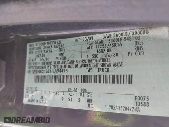 2004 Ford Econoline Cargo with VIN 1FTNE24L64HA94495, listed as a IAAI auction lot 42294791 with 139,453 mi miles and . Bid and sale history available at DreamBid. Image 9.