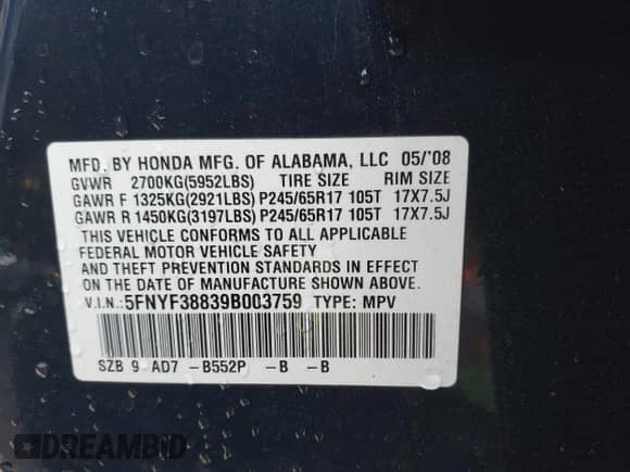 2009 Honda Pilot Touring with VIN 5FNYF38839B003759, listed as a IAAI auction lot 42594357 with 208,297 mi miles and . Bid and sale history available at DreamBid. Image 9.