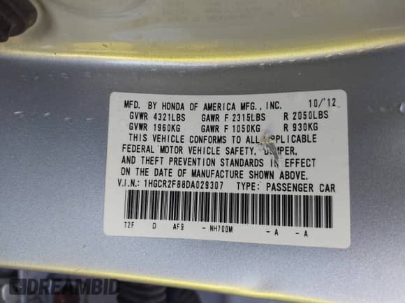 2013 Honda Accord EX-L z VIN 1HGCR2F88DA029307, wystawiony jako IAAI lot #43128434 z przebiegiem 97 398 mil mil oraz . Historia ofert i sprzedaży dostępna na DreamBid. Obrazek 9.