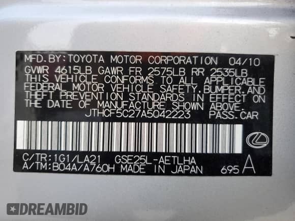 2010 Lexus IS 250 с VIN JTHCF5C27A5042223, выставлен на аукционе Copart как лот 68657165 с пробегом 89 394 миль миль и Списание • Salvage title. История ставок и продаж доступна на DreamBid. Изображение 12.