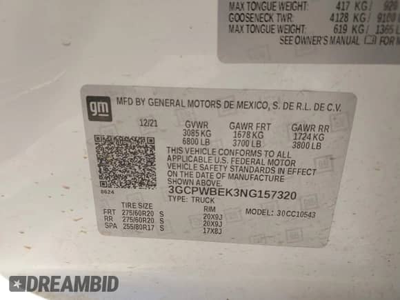 2022 Chevrolet Silverado 1500 Custom z VIN 3GCPWBEK3NG157320, wystawiony jako IAAI lot #42612177 z przebiegiem 135 668 mil mil oraz . Historia ofert i sprzedaży dostępna na DreamBid. Obrazek 9.