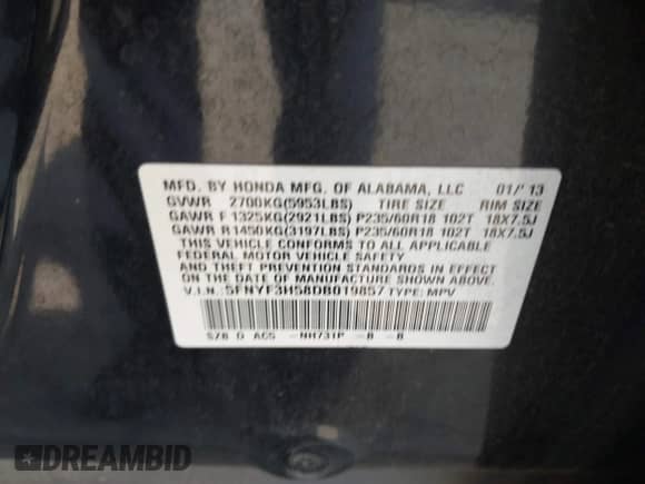 2013 Honda Pilot EX-L with VIN 5FNYF3H58DB019857, listed as a IAAI auction lot 43050717 with 152,188 mi miles and . Bid and sale history available at DreamBid. Image 9.