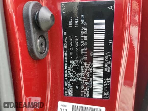 2023 Toyota Sienna Limited с VIN 5TDZRKEC1PS169592, выставлен на аукционе Copart как лот 80927884 с пробегом 9 431 миль миль и Списание • Salvage title. История ставок и продаж доступна на DreamBid. Изображение 13.