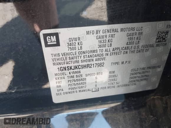 2017 Chevrolet Suburban Premier с VIN 1GNSKJKC9HR217982, выставлен на аукционе IAAI как лот 42514043 с пробегом 126 991 миль миль и . История ставок и продаж доступна на DreamBid. Изображение 9.