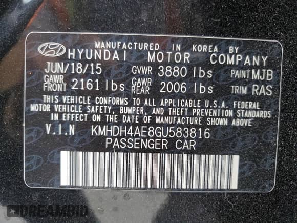 2016 Hyundai Elantra Limited with VIN KMHDH4AE8GU583816, listed as a Copart auction lot 68117745 with Not provided miles and Salvage title. Bid and sale history available at DreamBid. Image 13.