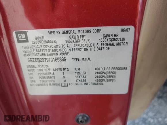 2007 Saturn Outlook XR with VIN 5GZER23797J169386, listed as a Copart auction lot 63243515 with Not provided miles and Non repairable. Bid and sale history available at DreamBid. Image 12.