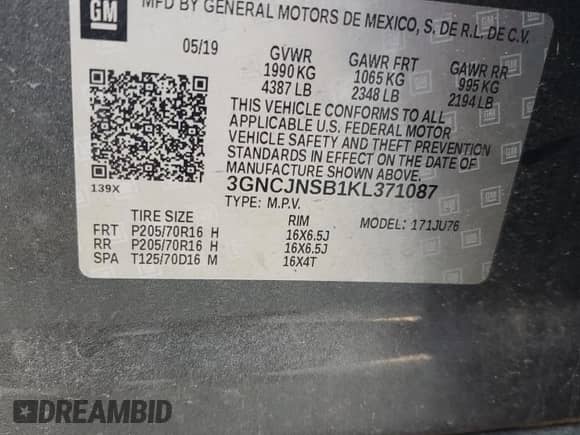 2019 Chevrolet Trax LS with VIN 3GNCJNSB1KL371087, listed as a Copart auction lot 64440925 with 92,933 mi miles and Salvage title. Bid and sale history available at DreamBid. Image 13.