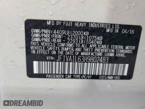 2017 Subaru WRX Limited with VIN JF1VA1L63H9802483, listed as a Copart auction lot 69357305 with 104,450 mi miles and Salvage title. Bid and sale history available at DreamBid. Image 13.