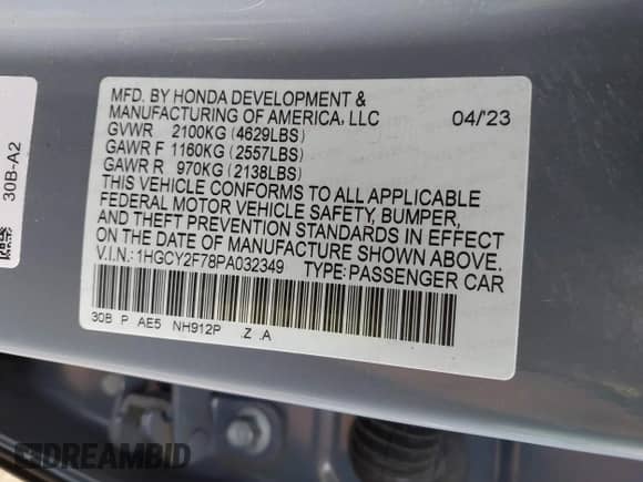 2023 Honda Accord Sport-L with VIN 1HGCY2F78PA032349, listed as a IAAI auction lot 43058160 with 47,880 mi miles and . Bid and sale history available at DreamBid. Image 9.