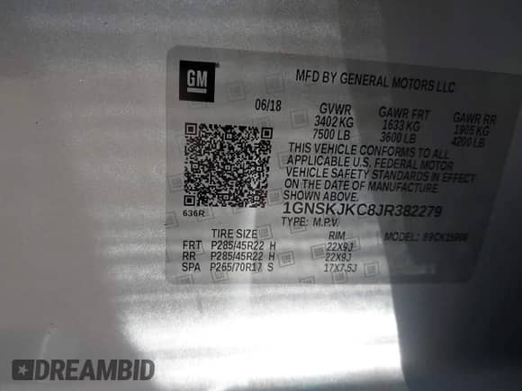 2018 Chevrolet Suburban Premier z VIN 1GNSKJKC8JR382279, wystawiony jako IAAI lot #42129937 z przebiegiem 107 799 mil mil oraz . Historia ofert i sprzedaży dostępna na DreamBid. Obrazek 9.