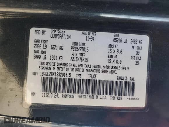 1995 Dodge Dakota S с VIN 1B7GL26X1SS201015, выставлен на аукционе Copart как лот 71497875 с пробегом 174 758 миль миль и Списание • Salvage title. История ставок и продаж доступна на DreamBid. Изображение 12.