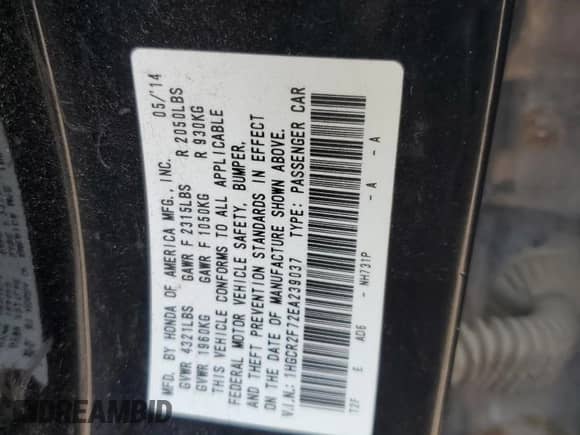 2014 Honda Accord EX z VIN 1HGCR2F72EA239037, wystawiony jako Copart lot #67085715 z przebiegiem 110 986 mil mil oraz Szkoda całkowita • Salvage title. Historia ofert i sprzedaży dostępna na DreamBid. Obrazek 12.