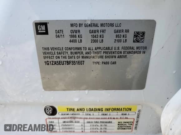 2011 Chevrolet Malibu 1FL с VIN 1G1ZA5EU7BF351607, выставлен на аукционе Copart как лот 61021425 с пробегом 130 976 миль миль и Списание • Salvage title. История ставок и продаж доступна на DreamBid. Изображение 12.