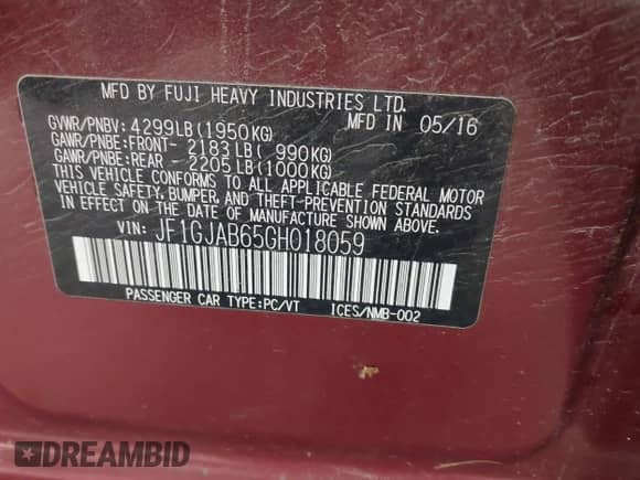 2016 Subaru Impreza Premium с VIN JF1GJAB65GH018059, выставлен на аукционе IAAI как лот 42517297 с пробегом 169 574 миль миль и . История ставок и продаж доступна на DreamBid. Изображение 9.