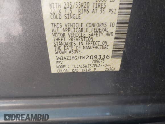 2015 Nissan Murano Platinum with VIN 5N1AZ2MG7FN209336, listed as a IAAI auction lot 43168882 with 170,560 mi miles and . Bid and sale history available at DreamBid. Image 9.