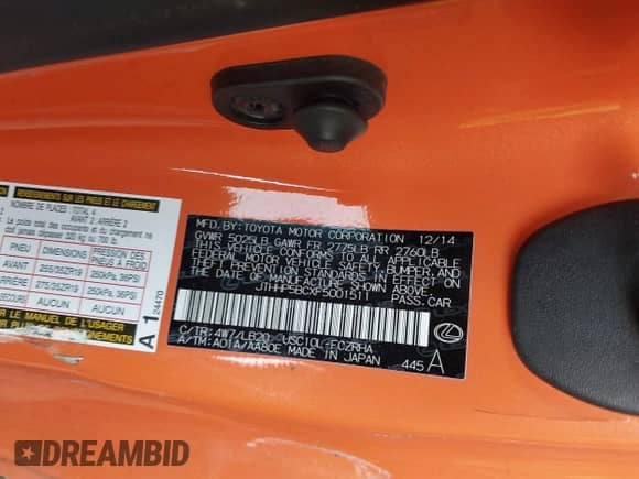 2015 Lexus RC F с VIN JTHHP5BCXF5001511, выставлен на аукционе IAAI как лот 42802180 с пробегом 250 058 миль миль и . История ставок и продаж доступна на DreamBid. Изображение 9.