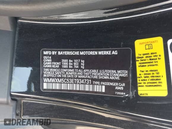 2014 MINI Hardtop with VIN WMWXM5C53ET934731, listed as a IAAI auction lot 43345367 with 48,628 mi miles and . Bid and sale history available at DreamBid. Image 9.