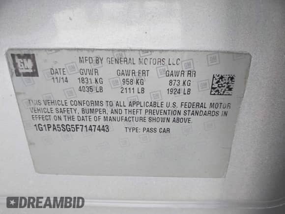 2015 Chevrolet Cruze LS с VIN 1G1PA5SG5F7147443, выставлен на аукционе IAAI как лот 41356097 с пробегом 117 648 миль миль и . История ставок и продаж доступна на DreamBid. Изображение 9.