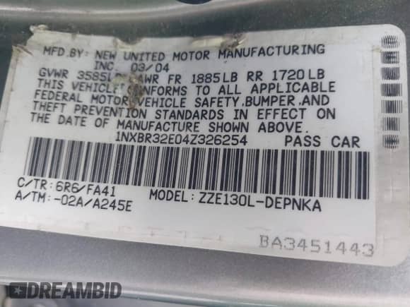 2004 Toyota Corolla S with VIN 1NXBR32E04Z326254, listed as a IAAI auction lot 43304039 with 191,806 mi miles and . Bid and sale history available at DreamBid. Image 9.
