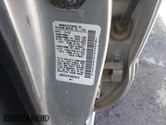 2003 Nissan Pathfinder LE with VIN JN8DR09Y63W829418, listed as a IAAI auction lot 42514295 with 212,889 mi miles and . Bid and sale history available at DreamBid. Image 9.