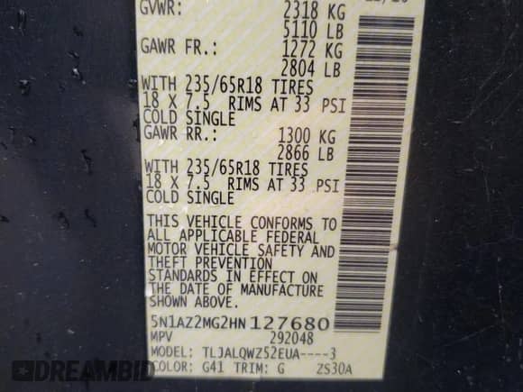 2017 Nissan Murano SV с VIN 5N1AZ2MG2HN127680, выставлен на аукционе Copart как лот 63518165 с пробегом 114 848 миль миль и Чистый • Clean title. История ставок и продаж доступна на DreamBid. Изображение 13.