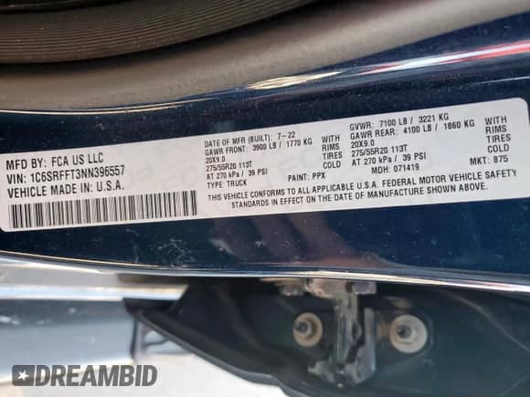 2022 Ram 1500 Big Horn with VIN 1C6SRFFT3NN396557, listed as a Copart auction lot 66817225 with 43,706 mi miles and Salvage title. Bid and sale history available at DreamBid. Image 13.