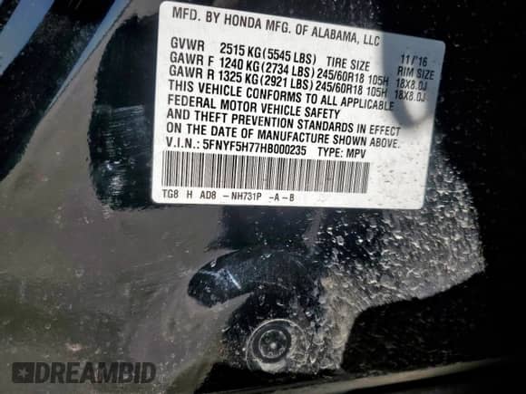 2017 Honda Pilot EX-L with VIN 5FNYF5H77HB000235, listed as a Copart auction lot 53990845 with 185,857 mi miles and Salvage title. Bid and sale history available at DreamBid. Image 13.