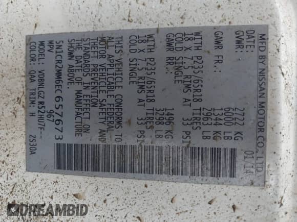 2014 Nissan Pathfinder SV Hybrid with VIN 5N1CR2MM6EC657673, listed as a IAAI auction lot 41699379 with 94,654 mi miles and . Bid and sale history available at DreamBid. Image 9.