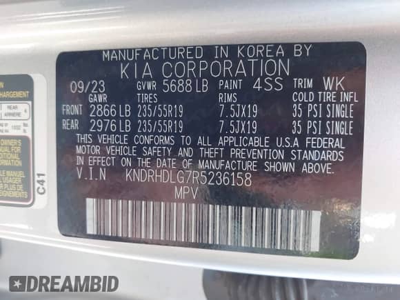 2024 Kia Sorento EX with VIN KNDRHDLG7R5236158, listed as a IAAI auction lot 43131347 with 31,366 mi miles and . Bid and sale history available at DreamBid. Image 9.