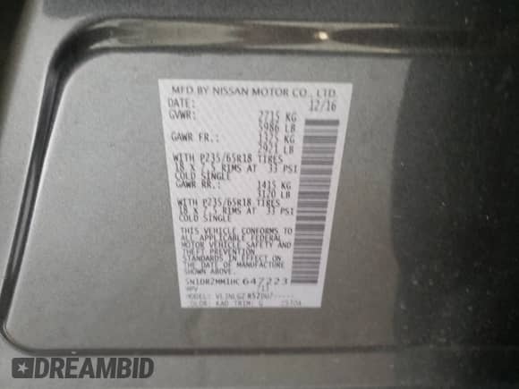 2017 Nissan Pathfinder SL z VIN 5N1DR2MM1HC647223, wystawiony jako Copart lot #46455193 z przebiegiem 78 068 mil mil oraz . Historia ofert i sprzedaży dostępna na DreamBid. Obrazek 12.