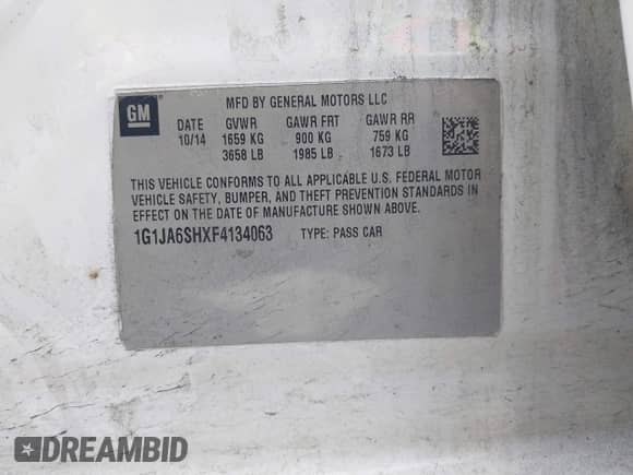 2015 Chevrolet Sonic LS с VIN 1G1JA6SHXF4134063, выставлен на аукционе IAAI как лот 42520887 с пробегом 221 364 миль миль и . История ставок и продаж доступна на DreamBid. Изображение 9.