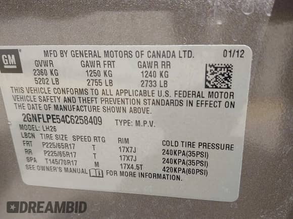 2012 Chevrolet Equinox 2LT with VIN 2GNFLPE54C6258409, listed as a IAAI auction lot 41986655 with 140,670 mi miles and . Bid and sale history available at DreamBid. Image 9.