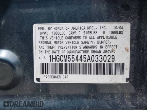 2005 Honda Accord LX с VIN 1HGCM55445A033029, выставлен на аукционе IAAI как лот 42661165 с пробегом 216 557 миль миль и . История ставок и продаж доступна на DreamBid. Изображение 9.