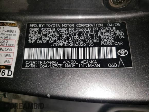 2005 Toyota Camry STD с VIN JTDBE32K853026135, выставлен на аукционе Copart как лот 63873555 с пробегом 206 410 миль миль и Списание • Salvage title. История ставок и продаж доступна на DreamBid. Изображение 12.