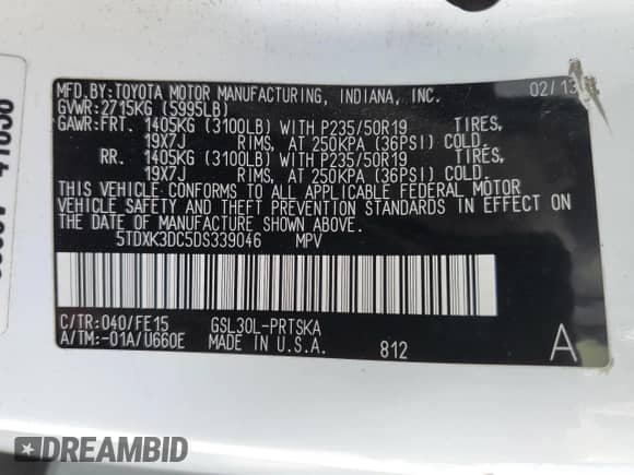 2013 Toyota Sienna SE with VIN 5TDXK3DC5DS339046, listed as a Copart auction lot 65645635 with 117,114 mi miles and Salvage title. Bid and sale history available at DreamBid. Image 14.