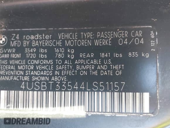 2004 BMW Z4 2.5i с VIN 4USBT33544LS51157, выставлен на аукционе IAAI как лот 41343067 с пробегом 151 267 миль миль и . История ставок и продаж доступна на DreamBid. Изображение 9.