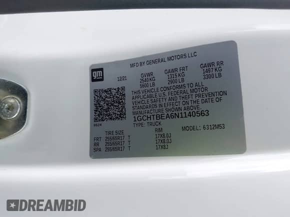 2022 Chevrolet Colorado 4WD Work Truck with VIN 1GCHTBEA6N1140563, listed as a IAAI auction lot 42282525 with 65,735 mi miles and . Bid and sale history available at DreamBid. Image 9.