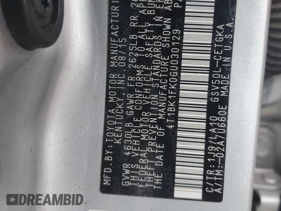 2016 Toyota Camry XLE with VIN 4T1BK1FK0GU030129, listed as a Copart auction lot 83759015 with 134,158 mi miles and Salvage title. Bid and sale history available at DreamBid. Image 12.