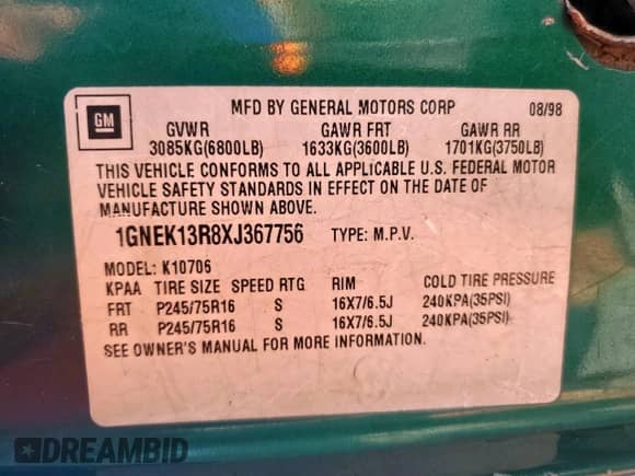 1999 Chevrolet Tahoe with VIN 1GNEK13R8XJ367756, listed as a Copart auction lot 71922045 with 172,211 mi miles and Salvage title. Bid and sale history available at DreamBid. Image 13.