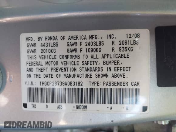 2009 Honda Accord EX с VIN 1HGCP26739A083182, выставлен на аукционе IAAI как лот 43127633 с пробегом 213 700 миль миль и . История ставок и продаж доступна на DreamBid. Изображение 9.