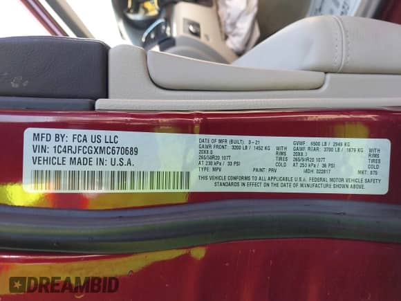 2021 Jeep Grand Cherokee High Altitude с VIN 1C4RJFCGXMC670689, выставлен на аукционе IAAI как лот 43335788 с пробегом 38 438 миль миль и . История ставок и продаж доступна на DreamBid. Изображение 9.