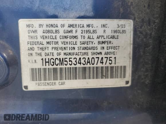 2003 Honda Accord LX with VIN 1HGCM55343A074751, listed as a Copart auction lot 50809615 with 335,356 mi miles and Salvage title. Bid and sale history available at DreamBid. Image 12.