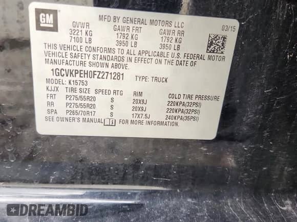 2015 Chevrolet Silverado 1500 Work Truck with VIN 1GCVKPEH0FZ271281, listed as a Copart auction lot 66871685 with 142,431 mi miles and Salvage title. Bid and sale history available at DreamBid. Image 12.