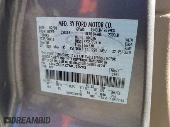 2008 Mercury Mariner with VIN 4M2CU91Z78KJ39202, listed as a Copart auction lot 80437014 with 205,709 mi miles and Salvage title. Bid and sale history available at DreamBid. Image 15.